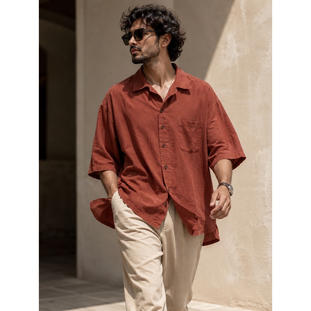 Pusser's Island Reserve Mens XL Silk Cotton Palm Jacquard Camp Shirt Terracotta